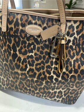 Coach Leopard-Print Tote in Brown and Black with Tan Trim